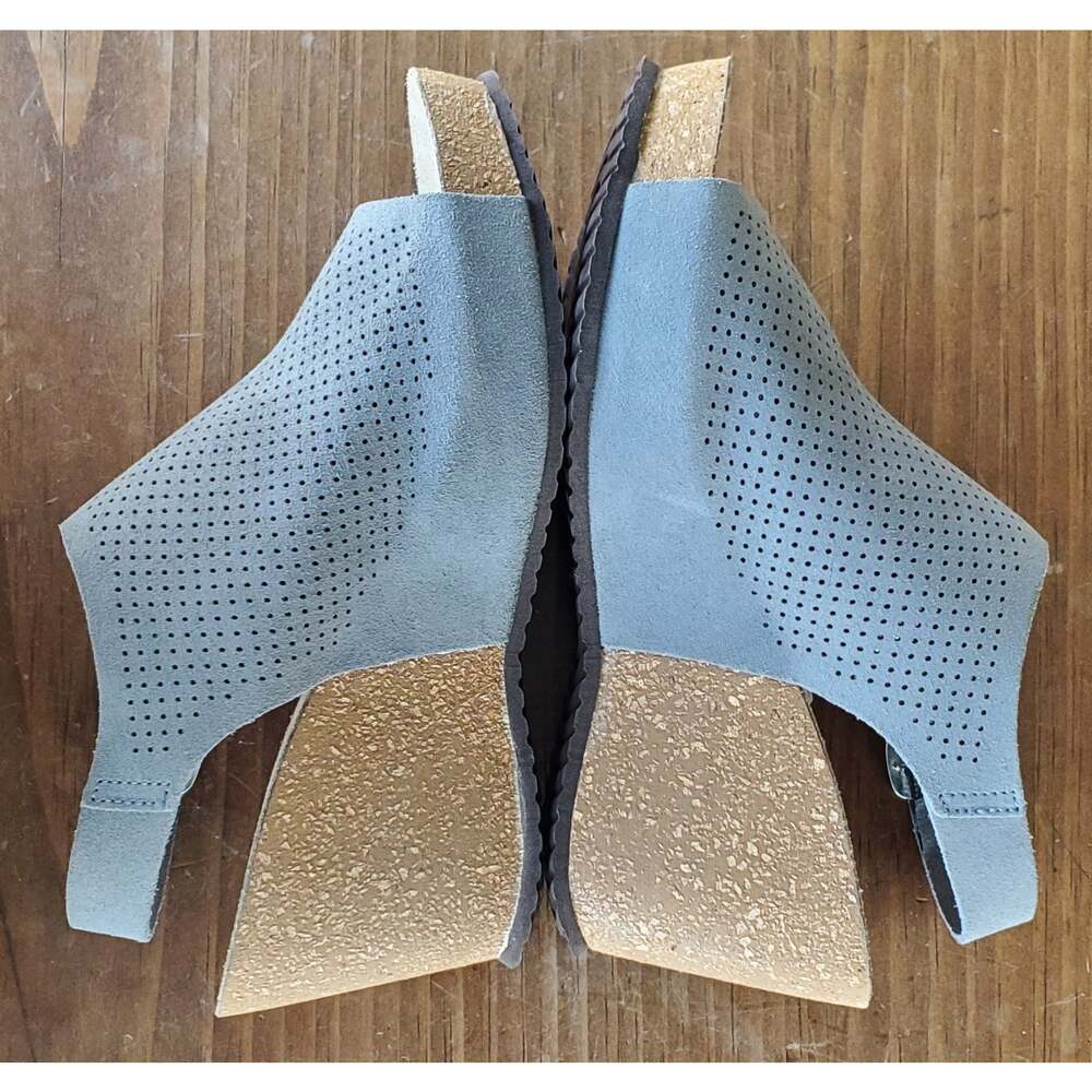 Bio - Gold Perforated Suede Cork Wedge Sandals Size 8 Dusty Blue